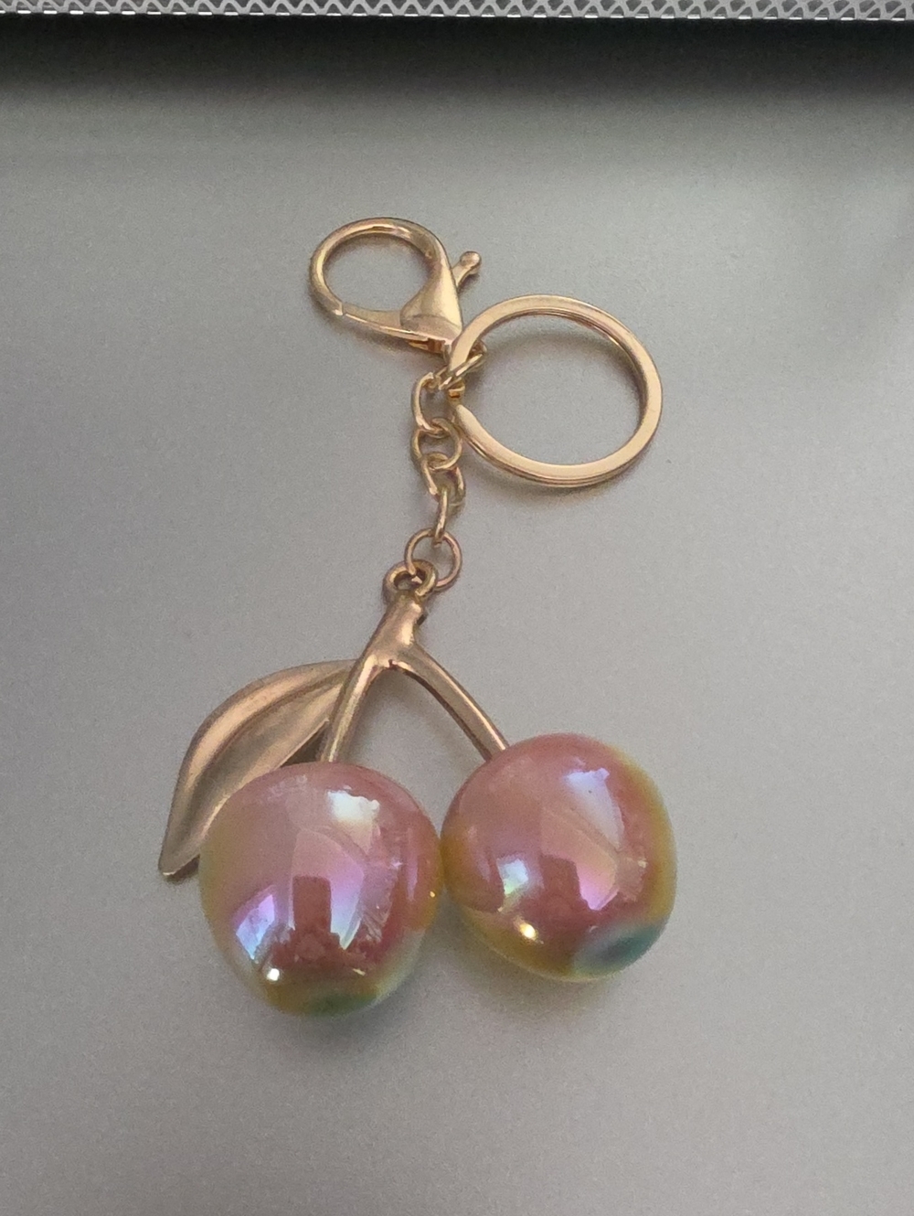 Iridescent Pink Cherry Keychain with Gold Hardware